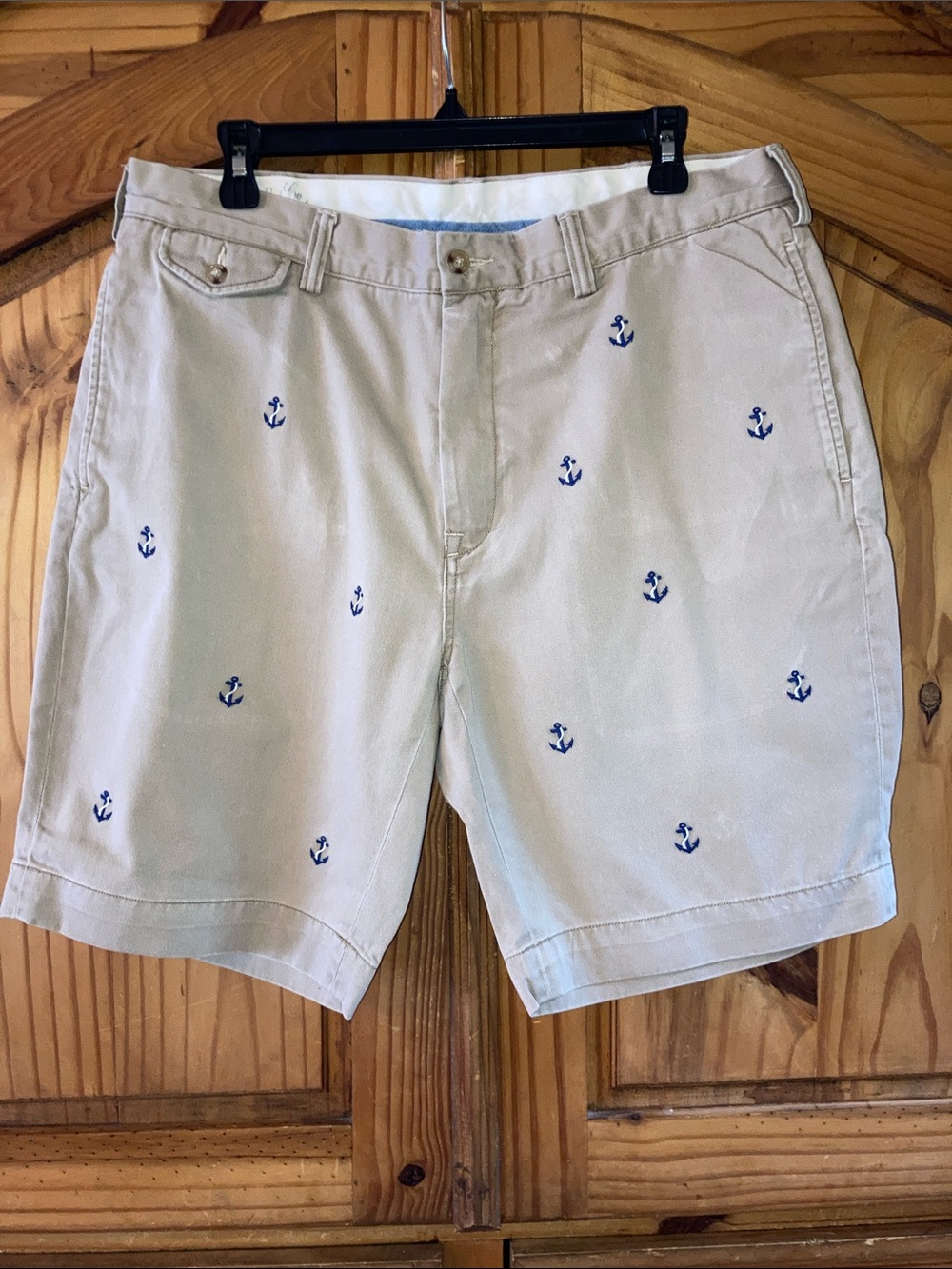 Men Polo Ralph Lauren tan blue anchors Bedford chino shorts size 36